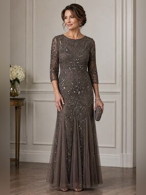 Pisarro Nights Beaded Gray Maxi Dress-Wedding Mother Bride / Groom MSRP $268